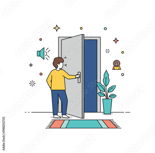 Closing a squeaky door apartment corridor scene where a person gently pushes a door shut with subtle sound while small sparkle and line icons emphasize
