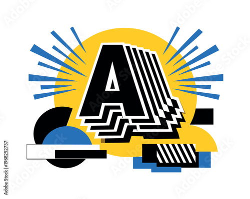 Surreal modern-retro composition featuring duplicated black and white alphabet letters layered in echo effect to create motion, bright yellow circle dominating