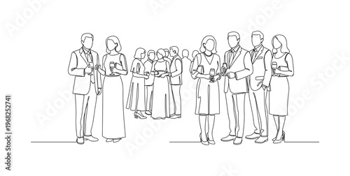 Formal Event. Minimalistic one-line drawing people in elegant attire standing and conversing at family event, continuous single black line on white background,