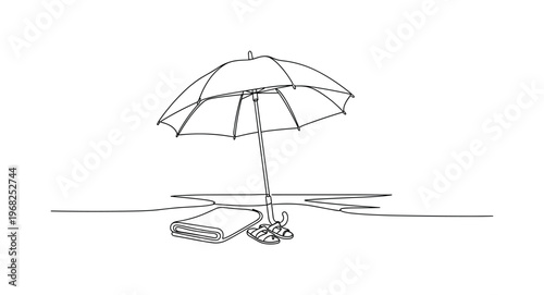 Coastal Holiday. Minimalistic one-line drawing open umbrella near shore with towel and sandals, continuous single black line on white background, simple