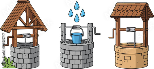 Water Well Set with Wooden and Stone Wells, Bucket and Hand Crank Rural Water Source Vector Illustration Collection