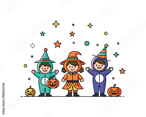 Kids in costumes Halloween party scene where children wear colorful outfits while small sparkle and star icons emphasize fun, imagination, and