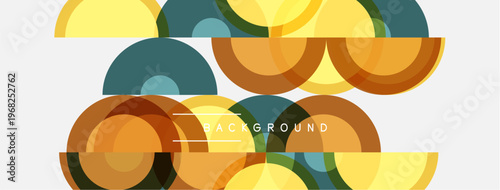 Abstract geometric shapes overlap, creating dynamic composition. Yellows, browns, blues dominate design. Minimalist style, modern aesthetic.