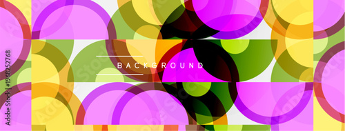 Abstract colorful circles overlap creating vibrant background. Geometric shapes, pink, yellow, green hues dominate composition.