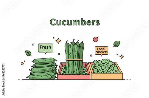 Cucumbers market stall scene where bundles of cucumbers are displayed for sale while tiny sparkle and leaf icons highlight freshness, choice, and local