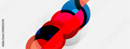 Abstract shapes overlap, creating vibrant red, blue, black forms. Minimalist design with white background. Modern, dynamic composition.