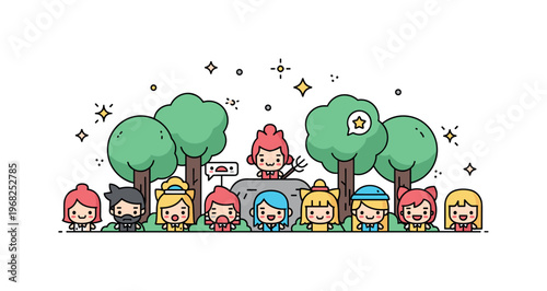 Game characters cute RPG concept where small colorful characters with expressive faces gather in a forest while tiny sparkle and star icons highlight charm,
