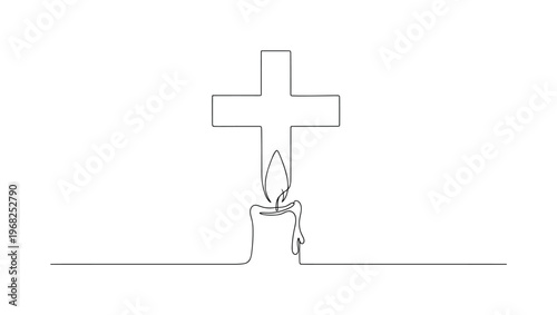 Light of Faith. Minimalistic one-line drawing candle flame illuminating cross, continuous single black line on white background, simple outline style, no