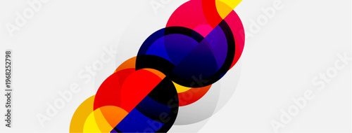 Abstract colorful overlapping circles create dynamic composition. Bright hues blend, forming modern visual experience.