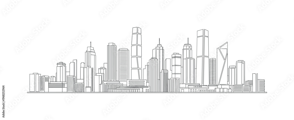 Obraz premium Modern City. Minimalistic one-line drawing skyscrapers and office buildings forming skyline, continuous single black line on white background, simple outline