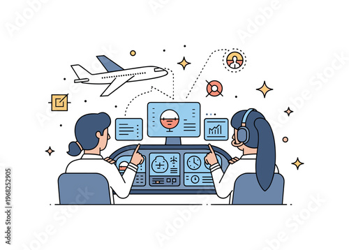 Air travel technology flight path optimization scene where digital maps and GPS systems display routes while tiny sparkle and star icons highlight efficiency,