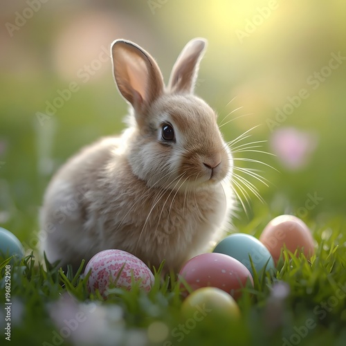 Cute Easter Bunny with Colorful Eggs in Spring Meadow