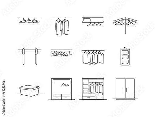 Bedroom Closet Interior Layout. Minimalistic set one-line drawing closet rod with hangers, long coats hanging, shelf and rod combo, corner closet rod, wardrobe