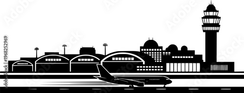 Airport with plane and facilities silhouette vector, transportation concept illustration for background.
