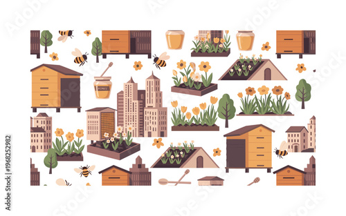 suburban beekeeping with urban landscapes seamless pattern, repeating pattern, surface design, textile print, modern illustration of beehives, bees, flowers,