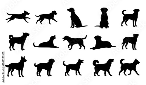 Dynamic dog silhouettes vector set running jumping playing poses black shapes isolated eps10