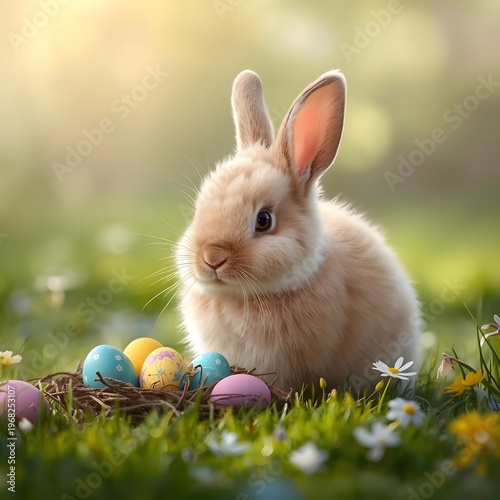 Cute Easter Bunny with Colorful Eggs in Spring Meadow