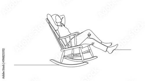 Relaxing Seat. Minimalistic one-line drawing person leaning back in wooden rocking chair, continuous single black line on white background, simple outline