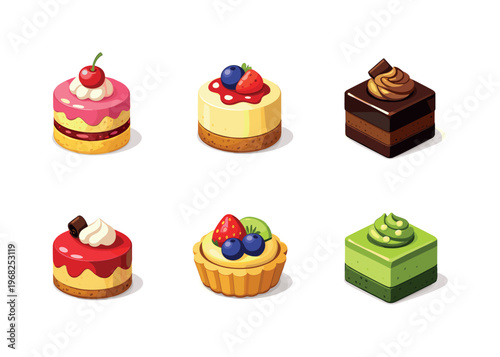 Mini Desserts. Isometric flat vector icons set of mini desserts: petit cake, mini cheesecake, small chocolate cake, tiny mousse cake, mini fruit tart cake,