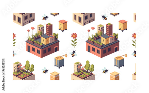 rooftop apiary icons seamless pattern, repeating pattern, surface design, textile print, modern illustration of bees, beehives, flowers, gardens, rooftops,