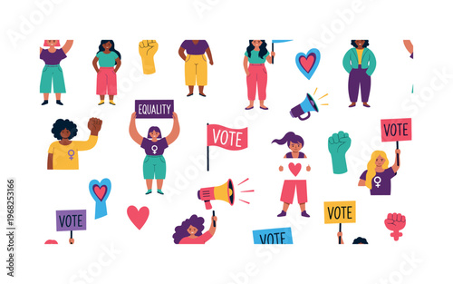 feminist motifs seamless pattern, repeating pattern, surface design, textile print, modern illustration of diverse activists, equality signs, hearts, raised