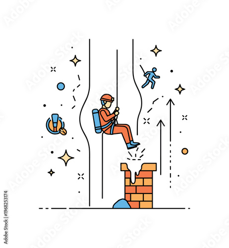 Chimney descent spelunking scene where a person carefully lowers themselves down a narrow chimney while small sparkle and line icons emphasize