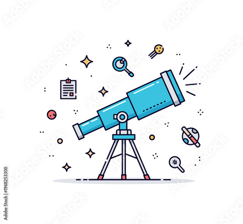Infinite space space telescope observation concept where a telescope captures distant stars while tiny sparkle and line icons highlight discovery, research,