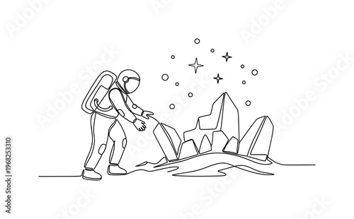 Interstellar Discovery. Minimalistic one-line drawing astronaut uncovering alien ruins under stars, continuous single black line on white background, simple