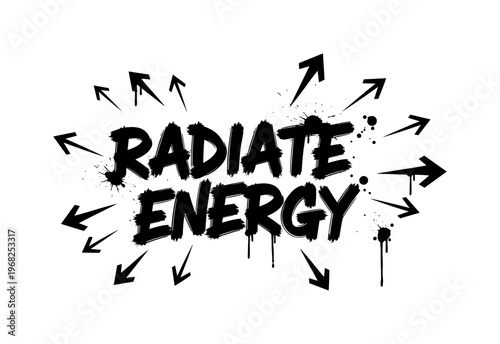 Radiate Energy. lettering and all elements in black. Vector style. AWhite background. Pure white background. Perfect isolation and visual consistency. Dynamic