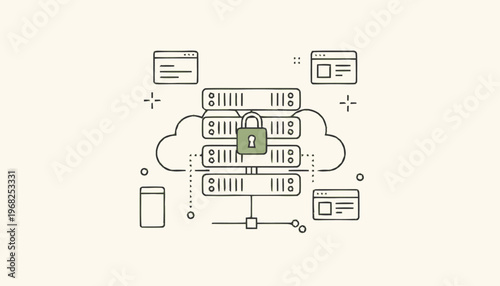 Cloud Server Security System with Padlock and Network Connections.