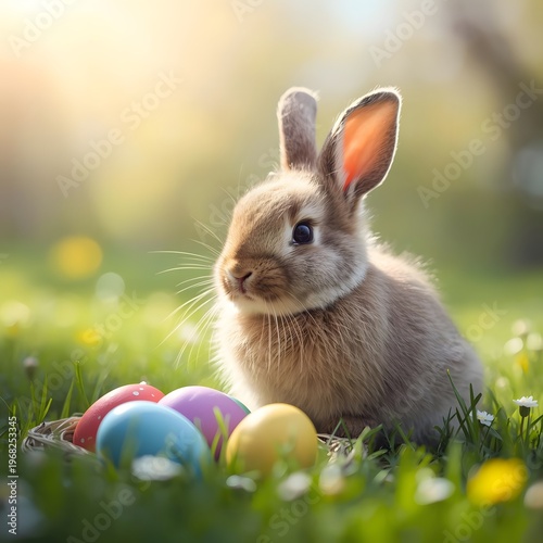 Cute Easter Bunny with Colorful Eggs in Spring Meadow