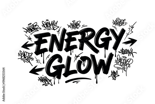 Energy Glow. lettering and all elements in black. Vector style. AWhite background. Pure white background. Perfect isolation and visual consistency. Dynamic
