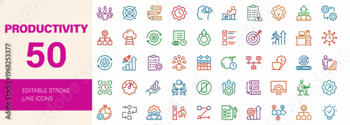 Productivity icons set with 50 flat design elements vector illustration