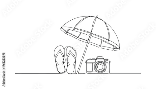Seaside Memories. Minimalistic one-line drawing beach umbrella, flip-flops, and photo camera, continuous single black line on white background, simple outline