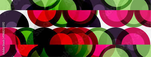 Abstract pattern features overlapping semicircles. Colors include pink, green, red, purple, black creating dynamic visual texture.