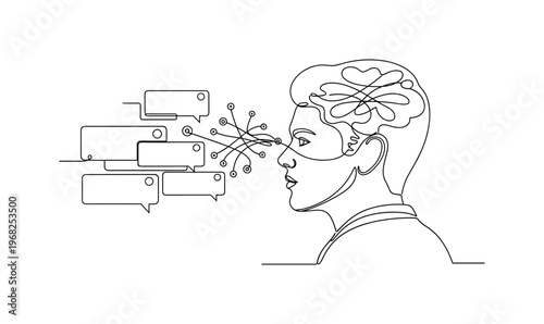 Public Influence. Minimalistic one-line drawing individual watching posts with symbolic algorithmic lines affecting thoughts, continuous single black line on