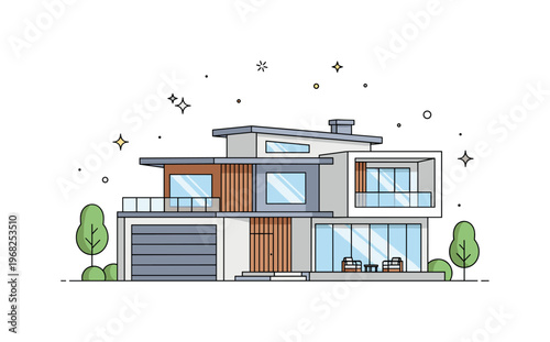 Modern architecture geometric villa concept where angular walls, flat roofs, and clean materials define a modern home while tiny sparkle and star icons