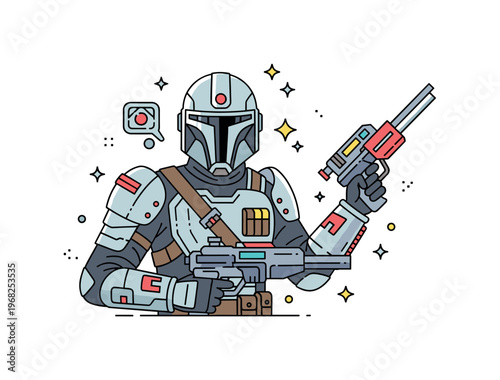 Battle-ready costumes sci-fi bounty hunter concept where futuristic armor and gadgets are worn while tiny sparkle and star icons highlight preparedness,