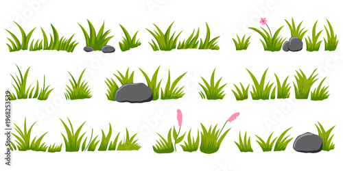 Hand drawn green grass and rocks vector illustration set. Stylized nature elements collection with grass, rocks, and wildflowers