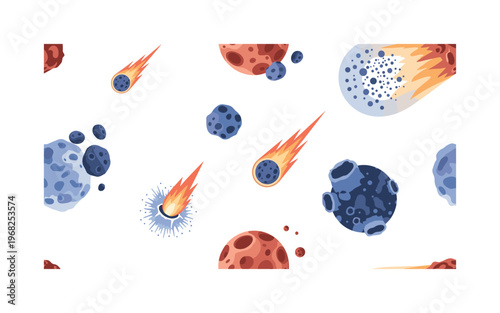 space debris motifs seamless pattern, repeating pattern, surface design, textile print, modern illustration of meteorites, asteroid fragments, fiery trails,
