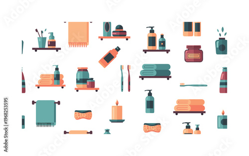toiletry motifs seamless pattern, repeating pattern, surface design, textile print, modern illustration of shelves, shampoo bottles, towels, soap dispensers,
