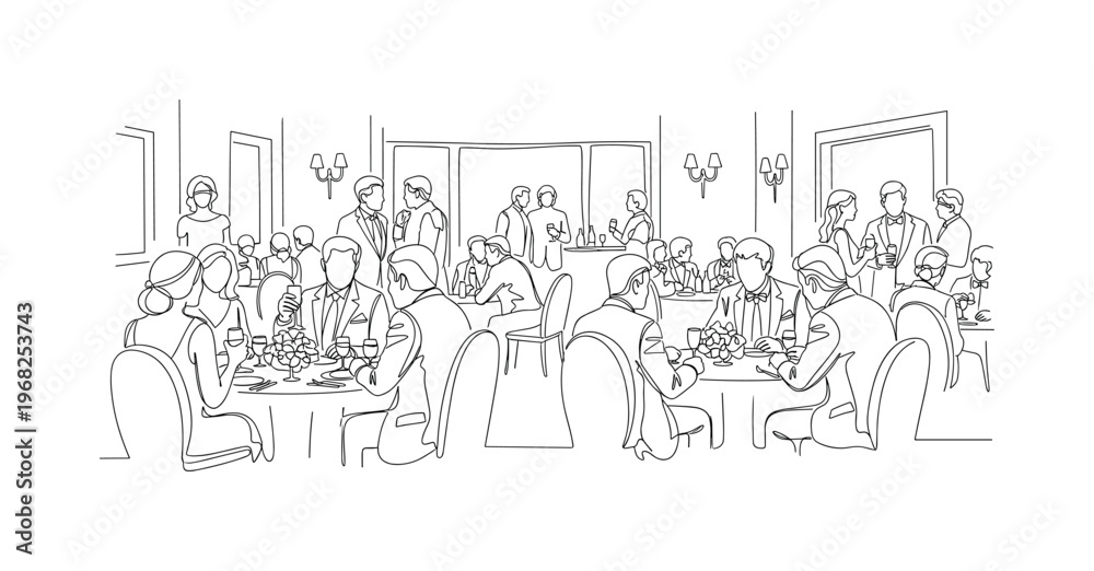 Obraz premium Wedding Reception. Minimalistic one-line drawing guests enjoying food, drinks, and conversation in formal attire, continuous single black line on white