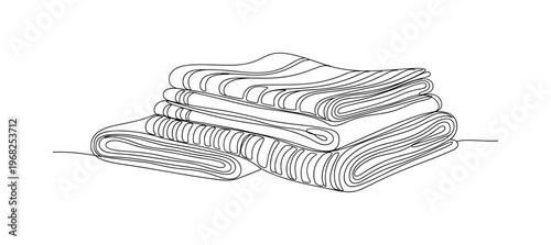 Artisan Cloths. Minimalistic one-line drawing hand-crafted textiles folded for display, continuous single black line on white background, simple outline style,