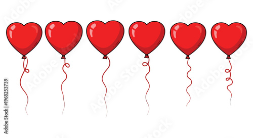 A cheerful row of six red heart-shaped vector balloons with strings, perfect for love and celebration graphic designs.