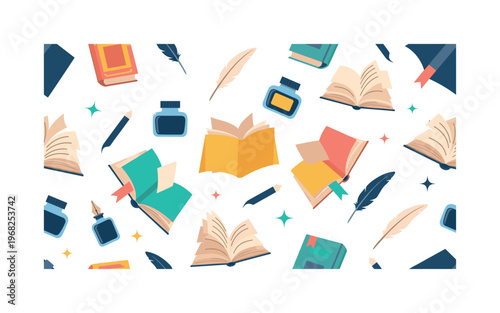 magical literature icons seamless pattern, repeating pattern, surface design, textile print, modern illustration of floating books, flying pages, quills, ink