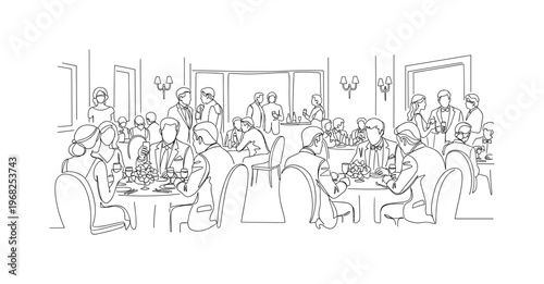 Wedding Reception. Minimalistic one-line drawing guests enjoying food, drinks, and conversation in formal attire, continuous single black line on white