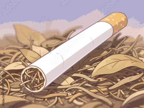 A discarded cigarette lying on dry leaves as a smoking litter and wildfire risk concept