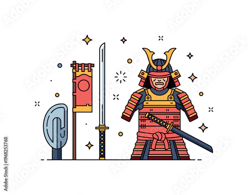 Battle-ready costumes samurai warrior scene where traditional armor and katana are displayed while tiny sparkle and star icons highlight honor, strength, and
