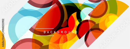 Abstract colorful shapes overlap, creating dynamic modern background. Bright hues blend, forming vibrant visual composition.