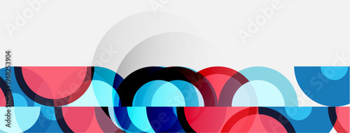 Abstract composition featuring overlapping circles. Colors include red, blue, cyan, black, white. Minimalist design with gradient effect.